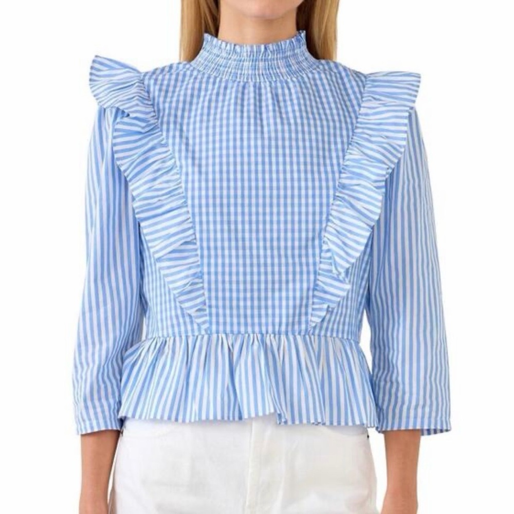 English Factory Blue Gingham Ruffle Peplum Top